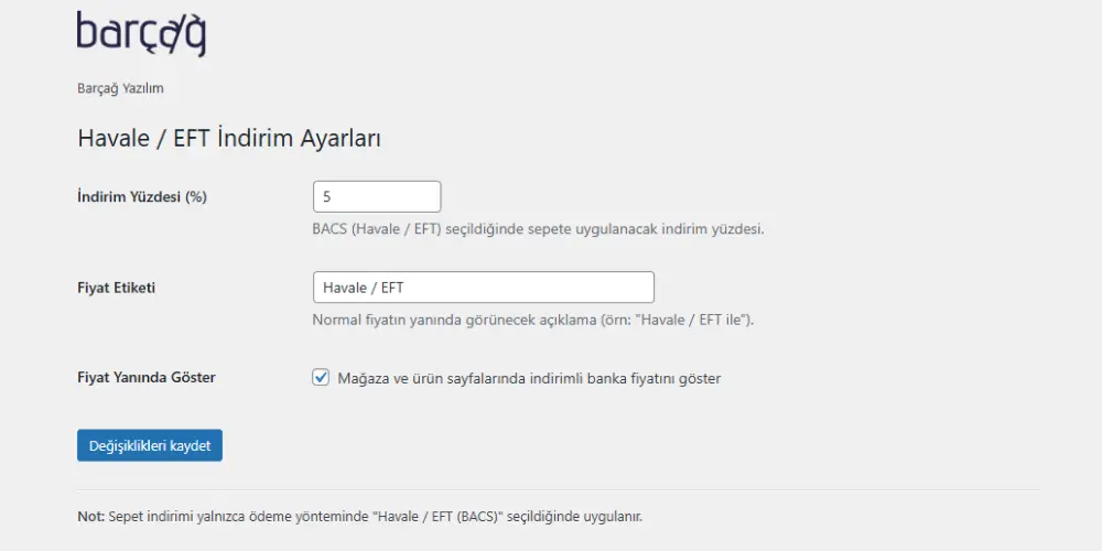 WooCommerce Havale / EFT İndirim Otomatik Uygulama Eklentisi